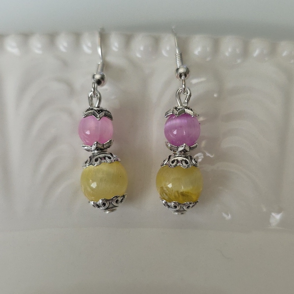 Pink and YELLOW SELENITE Pastel Beaded Handcrafted Artisan Earrings